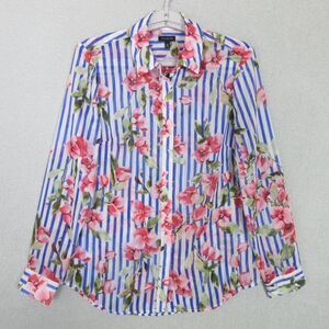 Talbots Shirt Womens XS Blue White Stripe Floral Long Sleeve Button Front Top